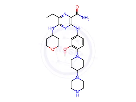 Chemical structure of 6-Ethyl-3-((3-methoxy-4-(4-(piperazin-1-yl)piperidin-1-yl)phenyl)amino)-5-((tetrahydro-2H-pyran-4-yl)amino)pyrazine-2-carboxamide