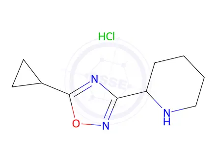 Chemical structure of 2-(5-Cyclopropyl-1,2,4-oxadiazol-3-yl)piperidine hydrochloride