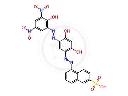 Chemical structure of Ferrate(1-), 5-2,4-dihydroxy-5-(2-hydroxy-3,5-dinitrophenyl)azophenylazo-2-naphthalenesulfonato(3-)-, sodium