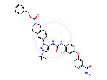 Chemical structure of Benzyl 6-(3-(tert-butyl)-5-(3-(2-fluoro-4-((2-(methylcarbamoyl)pyridin-4-yl)oxy)phenyl)ureido)-1H-pyrazol-1-yl)-3,4-dihydroisoquinoline-2(1H)-carboxylate