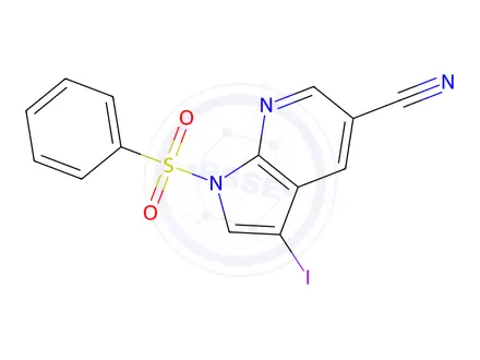 Chemical structure of 3-Iodo-1-(phenylsulfonyl)-1H-pyrrolo[2,3-b]pyridine-5-carbonitrile