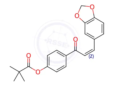 Chemical structure of 4-[(2Z)-3-(2H-1,3-Benzodioxol-5-yl)prop-2-enoyl]phenyl 2,2-dimethylpropanoate