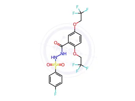 Chemical structure of N'-(2,5-bis(2,2,2-trifluoroethoxy)benzoyl)-4-fluorobenzenesulfonohydrazide