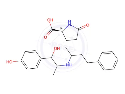 Chemical structure of 5-oxo-L-proline, compound with 4-hydroxy-alpha-[1-[(1-methyl-3-phenylpropyl)amino]ethyl]benzyl alcohol (1:1)