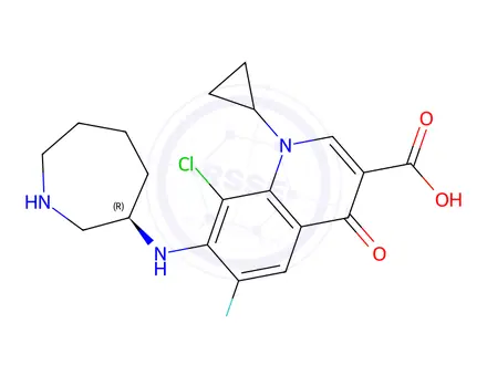 Chemical structure of (R)-7-(Azepan-3-ylamino)-8-chloro-1-cyclopropyl-6-fluoro-4-oxo-1,4-dihydroquinoline-3-carboxylic Acid
