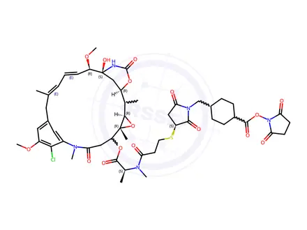 Chemical structure of 2,5-Dioxopyrrolidin-1-yl 4-((3-((3-(((2S)-1-(((14S,16S,33S,2R,4R,10E,12Z,14R)-86-chloro-14-hydroxy-85,14-dimethoxy-33,2,7,10-tetramethyl-12,6-dioxo-7-aza-1(6,4)-oxazinana-3(2,3)-oxirana-8(1,3)-benzenacyclotetradecaphane-10,12-dien-4-yl)oxy)-1-oxopropan-2-yl)(methyl)amino)-3-oxopropyl)thio)-2,5-dioxopyrrolidin-1-yl)methyl)cyclohexane-1-carboxylate