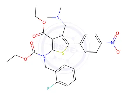 Chemical structure of Ethyl 4-((dimethylamino)methyl)-2-((ethoxycarbonyl)(2-fluorobenzyl)amino)-5-(4-nitrophenyl)thiophene-3-carboxylate
