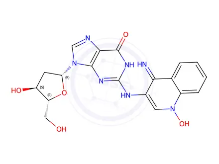 Chemical structure of 4-Amino-3-((9-((2R,4S,5R)-4-hydroxy-5-(hydroxymethyl)tetrahydrofuran-2-yl)-6-oxo-6,9-dihydro-1H-purin-2-yl)amino)quinoline 1-oxide