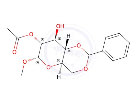 Chemical structure of Methyl 2-O-acetyl-4,6-O-benzylidene-a-D-glucopyranoside