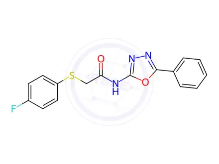 Chemical structure of 2-(4-fluorophenyl)sulfanyl-N-(5-phenyl-1,3,4-oxadiazol-2-yl)acetamide