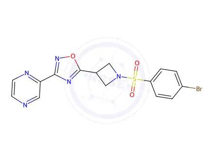 Chemical structure of 5-(1-((4-Bromophenyl)sulfonyl)azetidin-3-yl)-3-(pyrazin-2-yl)-1,2,4-oxadiazole