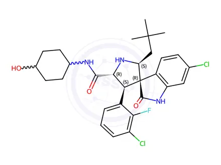 Chemical structure of (2'S,3R,4'S,5'R)-6-Chloro-4'-(3-chloro-2-fluorophenyl)-N-((1r,4R)-4-hydroxycyclohexyl)-2'-neopentyl-2-oxospiro[indoline-3,3'-pyrrolidine]-5'-carboxamide