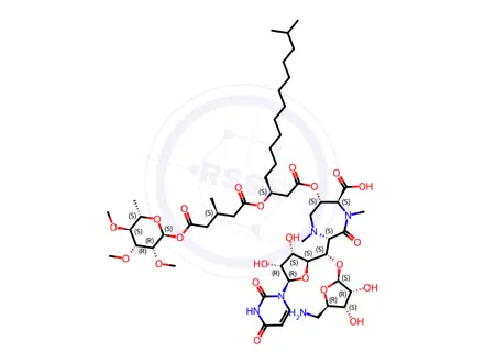 Chemical structure of Uridine, 5'-O-(5-amino-5-deoxy-β-D-ribofuranosyl)-5'-C-[(2S,5S,6S)-5-carboxy-6-[[(3S)-3-[[(3S)-5-[(6-deoxy-2,3,4-tri-O-methyl-α-L-mannopyranosyl)oxy]-3-methyl-1,5-dioxopentyl]oxy]-14-methyl-1-oxopentadecyl]oxy]hexahydro-1,4-dimethyl-3-oxo-1H-1,4-diazepin-2-yl]-, (5'S)-