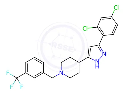 Chemical structure of 4-[5-(2,4-dichlorophenyl)-1H-pyrazol-3-yl]-1-[3-(trifluoromethyl)benzyl]piperidine