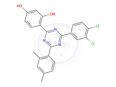 Chemical structure of 4-(4-(3,4-dichlorophenyl)-6-(2,4-dimethylphenyl)-1,3,5-triazin-2-yl)benzene-1,3-diol