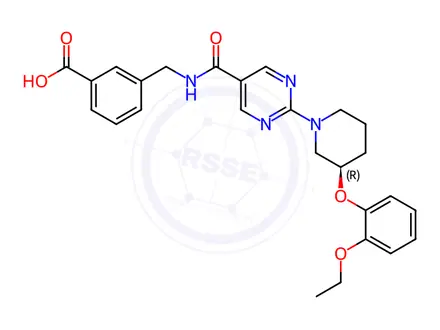 Chemical structure of Benzoic acid, 3-[[[[2-[(3R)-3-(2-ethoxyphenoxy)-1-piperidinyl]-5-pyrimidinyl]carbonyl]amino]methyl]-