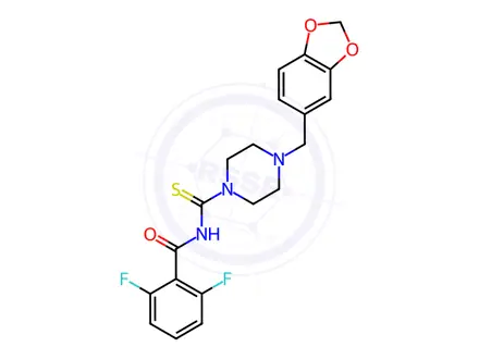 Chemical structure of N-(4-(benzo[d][1,3]dioxol-5-ylmethyl)piperazine-1-carbonothioyl)-2,6-difluorobenzamide