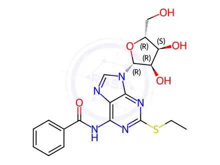 Chemical structure of N-(9-((2R,3R,4S,5R)-3,4-Dihydroxy-5-(hydroxymethyl)tetrahydrofuran-2-yl)-2-(ethylthio)-9H-purin-6-yl)benzamide