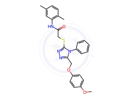 Chemical structure of N-(2,5-Dimethylphenyl)-2-((5-((4-methoxyphenoxy)methyl)-4-phenyl-4H-1,2,4-triazol-3-yl)thio)acetamide