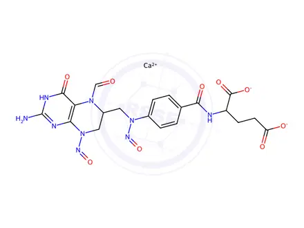 Chemical structure of Calcium-2-(4-(((2-amino-5-formyl-8-nitroso-4-oxo-3,4,5,6,7,8-hexahydropteridin-6-yl)methyl)(nitroso)amino)benzamido)pentanedioate