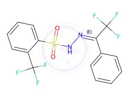Chemical structure of (E)-N'-(2,2,2-Trifluoro-1-phenylethylidene)-2-(trifluoromethyl)benzenesulfonohydrazide