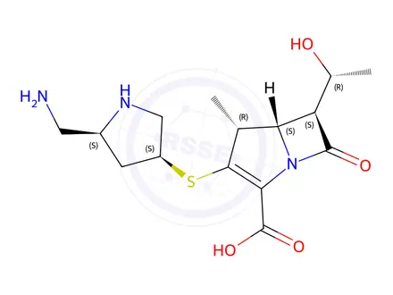 Chemical structure of (4R,5S,6S)-3-(((3S,5S)-5-(Aminomethyl)pyrrolidin-3-yl)thio)-6-((R)-1-hydroxyethyl)-4-methyl-7-oxo-1-azabicyclo[3.2.0]hept-2-ene-2-carboxylic Acid