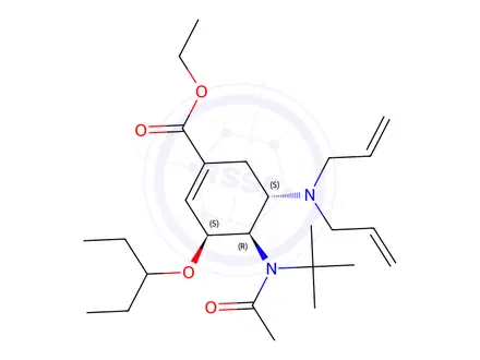 Chemical structure of (3S,4R,5S)-ethyl 4-(N-(tert-butyl)acetamido)-5-(diallylamino)-3-(pentan-3-yloxy)cyclohex-1-enecarboxylate