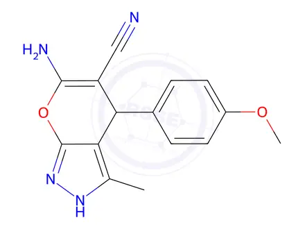 Chemical structure of 6-Amino-4-(4-Methoxyphenyl)-3-Methyl-1,4-Dihydropyrano[2,3-C]Pyrazole-5-Carbonitrile