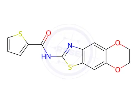 Chemical structure of N-(6,7-Dihydro-[1,4]dioxino[2',3':4,5]benzo[1,2-d]thiazol-2-yl)thiophene-2-carboxamide