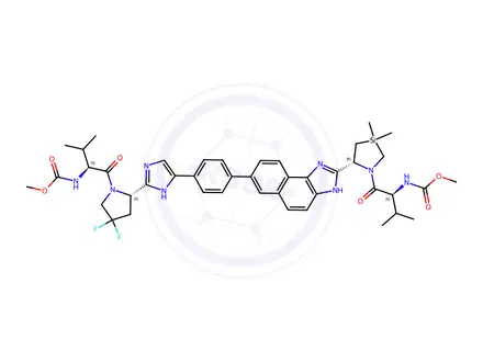 Chemical structure of Methyl ((S)-1-((R)-5-(7-(4-(2-((S)-4,4-difluoro-1-((methoxycarbonyl)-L-valyl)pyrrolidin-2-yl)-1H-imidazol-5-yl)phenyl)-1H-naphtho[1,2-d]imidazol-2-yl)-3,3-dimethyl-1,3-azasilolidin-1-yl)-3-methyl-1-oxobutan-2-yl)carbamate