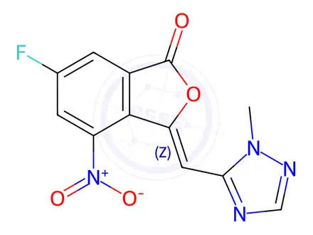 Chemical structure of (Z)-6-fluoro-3-((1-methyl-1H-1,2,4-triazol-5-yl)methylene)-4-nitroisobenzofuran-1(3H)-one