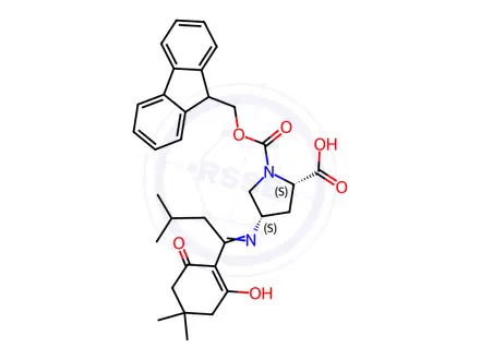 Chemical structure of (2S,4S)-1-(9H-Fluoren-9-ylmethoxycarbonyl)-4-[[1-(2-hydroxy-4,4-dimethyl-6-oxocyclohexen-1-yl)-3-methylbutylidene]amino]pyrrolidine-2-carboxylic acid