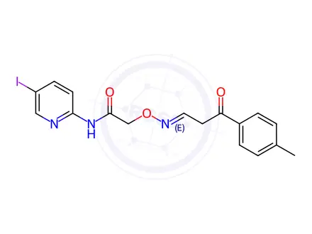 Chemical structure of N-(5-Iodopyridin-2-yl)-2-{[(E)-[3-(4-methylphenyl)-3-oxopropylidene]amino]oxy}acetamide