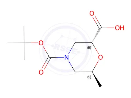Chemical structure of (2R,6S)-4-(tert-butoxycarbonyl)-6-methylmorpholine-2-carboxylic acid