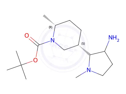 Chemical structure of tert-butyl (2R,5S)-5-(3-amino-1-methyl-pyrrolidin-2-yl)-2-methyl-piperidine-1-carboxylate