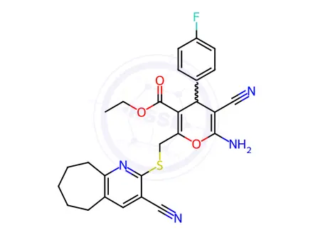 Chemical structure of Ethyl 6-amino-5-cyano-2-(((3-cyano-6,7,8,9-tetrahydro-5H-cyclohepta[b]pyridin-2-yl)thio)methyl)-4-(4-fluorophenyl)-4H-pyran-3-carboxylate