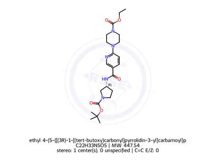 Chemical structure of ethyl 4-(5-{[(3R)-1-[(tert-butoxy)carbonyl]pyrrolidin-3-yl]carbamoyl}pyridin-2-yl)piperazine-1-carboxylate