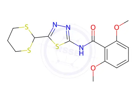 Chemical structure of N-(5-(1,3-Dithian-2-yl)-1,3,4-thiadiazol-2-yl)-2,6-dimethoxybenzamide