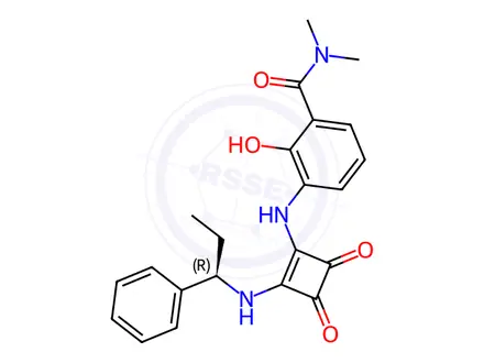 Chemical structure of Benzamide, 3-[[3,4-dioxo-2-[[(1R)-1-phenylpropyl]amino]-1-cyclobuten-1-yl]amino]-2-hydroxy-N,N-dimethyl-