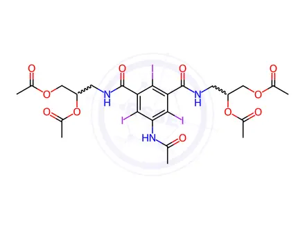 Chemical structure of ((5-Acetamido-2,4,6-triiodoisophthaloyl)bis(azanediyl))bis(propane-3,1,2-triyl) tetraacetate