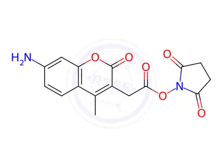 Chemical structure of 7-Amino-4-methyl-3-coumarinacetic acid N-succinimidyl ester