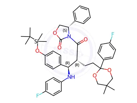 Chemical structure of (S)-3-((R)-2-((R)-(4-((tertbutyldimethylsilyl)oxy)phenyl)((4fluorophenyl)amino)methyl)-4-(2-(4fluorophenyl)-5,5-dimethyl-1,3-dioxan-2yl)butanoyl)-4-phenyloxazolidin-2-one