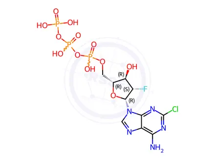 Chemical structure of 2-Chloro-9-[2-deoxy-2-fluoro-5-O-[hydroxy[[hydroxy(phosphonooxy)phosphinyl]oxy]phosphinyl]-B-D-arabinofuranosyl]-9H-purin-6-amine