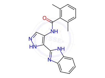 Chemical structure of N-(3-(1H-Benzo[d]imidazol-2-yl)-1H-pyrazol-4-yl)-2,6-dimethylbenzamide