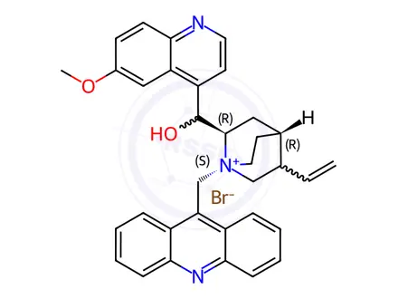 Chemical structure of (1S,2S,4S,5R)-1-(Acridin-9-ylmethyl)-2-((R)-hydroxy(6-methoxyquinolin-4-yl)methyl)-5-vinylquinuclidin-1-ium Bromide