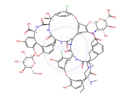 Chemical structure of Ristomycin A aglycone, 5,31-dichloro-7-demethyl-64-O-demethyl-19-deoxy-56-O-[2-deoxy-2-[(1-oxododecyl)amino]-β-D-glucopyranuronosyl]-42-O-α-D-mannopyranosyl-N15-methyl-