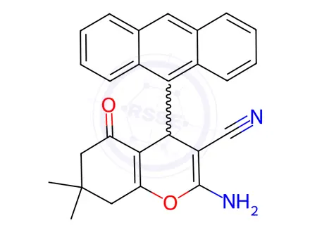 Chemical structure of 2-amino-4-(anthracen-9-yl)-7,7-dimethyl-5-oxo-5,6,7,8-tetrahydro-4H-chromene-3-carbonitrile