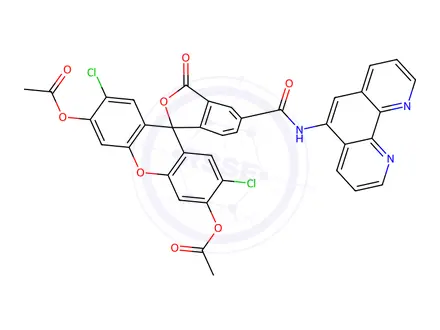 Chemical structure of 5-((1,10-Phenanthrolin-5-yl)carbamoyl)-2',7'-dichloro-3-oxo-3H-spiro[isobenzofuran-1,9'-xanthene]-3',6'-diyl diacetate