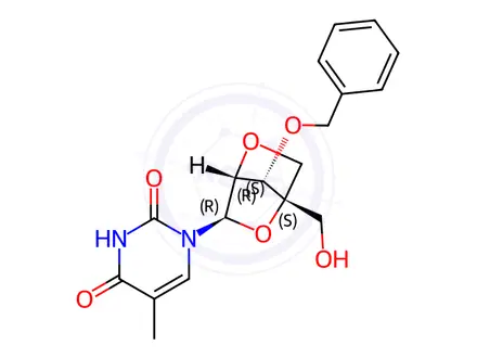 Chemical structure of 1-((1S,3R,4R,7S)-7-(benzyloxy)-1-(hydroxymethyl)-2,5-dioxabicyclo[2.2.1]heptan-3-yl)-5-methylpyrimidine-2,4(1H,3H)-dione