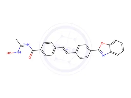Chemical structure of 4-(4-(Benzo[d]oxazol-2-yl)styryl)-N-(1-(hydroxyamino)ethylidene)benzamide